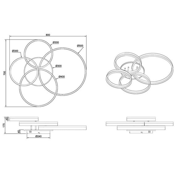 Plafón de techo DRAKE níquel varios círculos 50W 5850lm, regulable 2700 - 6500K 80x70cm IP20