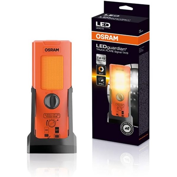 Señal de emergencia LED TA19 OSRAM TRUCK FLARE 2-en-1 (naranja + linterna), IP54, 4×AA incluidas, obligatorio en Alemania en cas