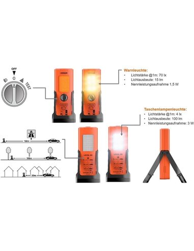 Signal d'urgence LED TA19 OSRAM TRUCK FLARE 2-en-1 (orange + lampe de poche), IP54, 4×AA incluses, obligatoire en Allemagne en c