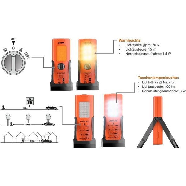 Señal de emergencia LED TA19 OSRAM TRUCK FLARE 2-en-1 (naranja + linterna), IP54, 4×AA incluidas, obligatorio en Alemania en cas