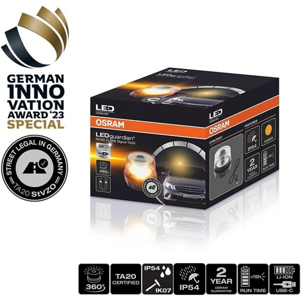 Señal de emergencia LED TA20 para Alemania, LEDguardian® ROAD FLARE recargable 360° IP54 (TÜV/KBA)
