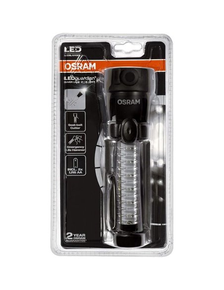 Linterna de emergencia LED OSRAM LEDguardian® Saver Light Plus 105 lm 6500K, 2×AA, imán, cortacinturón y martillo
