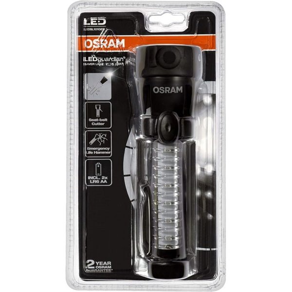 Linterna de emergencia LED OSRAM LEDguardian® Saver Light Plus 105 lm 6500K, 2×AA, imán, cortacinturón y martillo