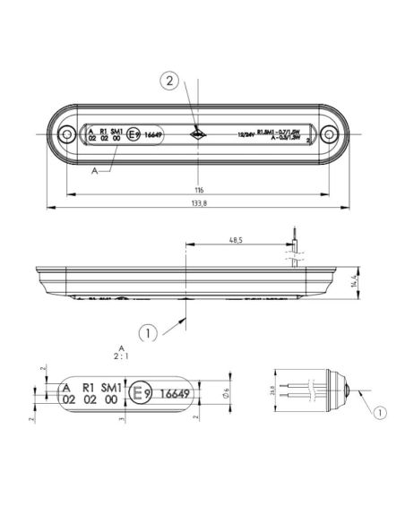 Dimensões de luz de LED aprovadas, âmbar, branco, vermelho, barra A, R1, SM1, R10, LD2332, LD2333, LD2334 | LeonLeds