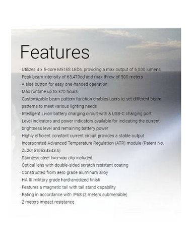 Lampe torche EX7, puissante 6 000 lm, portée 500 m, 3 faisceaux, batterie rechargeable 21700, IP68