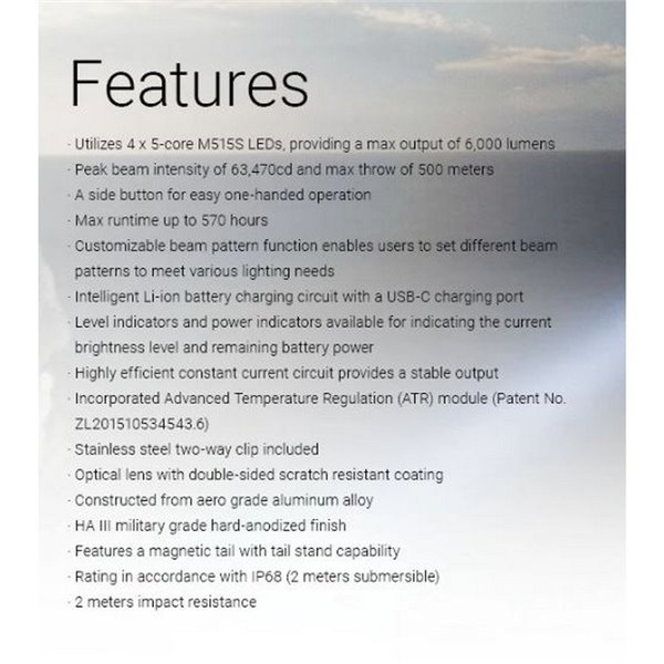 Linterna de mano EX7 muy potente 6000Lm 500m alcance, 3 patrones de haz, batería 21700 recargable IP68