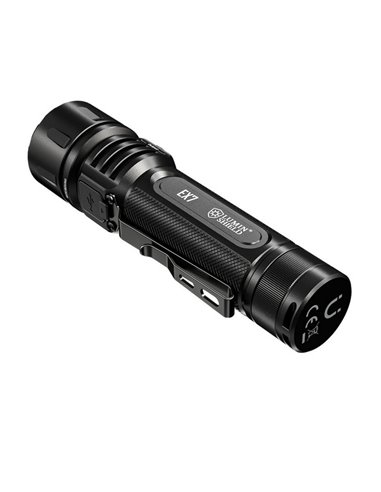 Lampe torche EX7, puissante 6 000 lm, portée 500 m, 3 faisceaux, batterie rechargeable 21700, IP68