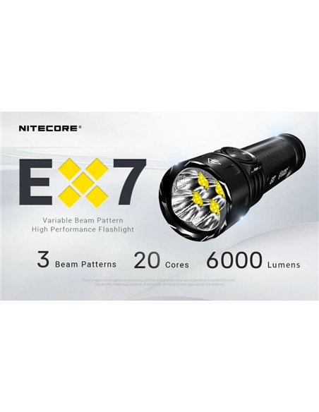 Linterna de mano EX7 muy potente 6000Lm 500m alcance, 3 patrones de haz, batería 21700 recargable IP68