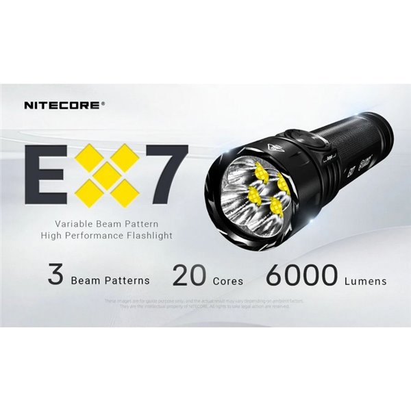 Lampe torche EX7, puissante 6 000 lm, portée 500 m, 3 faisceaux, batterie rechargeable 21700, IP68