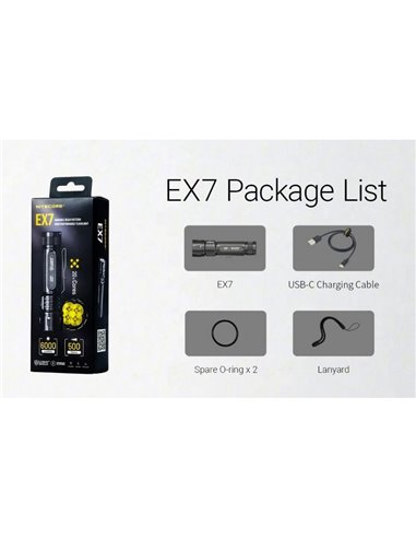 Linterna de mano EX7 muy potente 6000Lm 500m alcance, 3 patrones de haz, batería 21700 recargable IP68