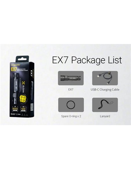 Linterna de mano EX7 muy potente 6000Lm 500m alcance, 3 patrones de haz, batería 21700 recargable IP68