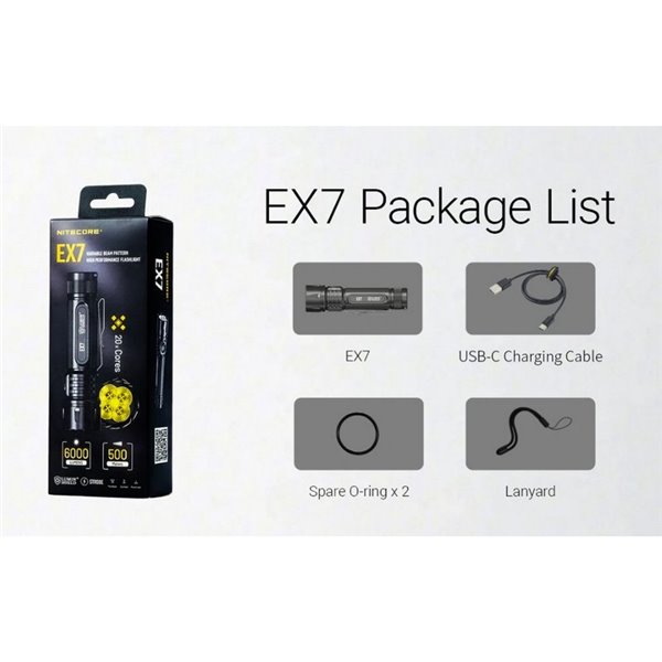 Linterna de mano EX7 muy potente 6000Lm 500m alcance, 3 patrones de haz, batería 21700 recargable IP68