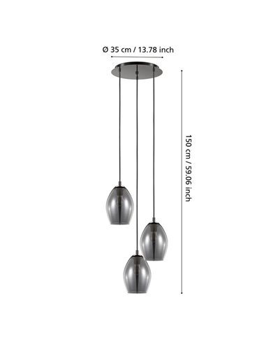 Lámpara colgante 3 luces ESTANYS, vidrio ahumado 3xE27 (no incl.), Ø45cm