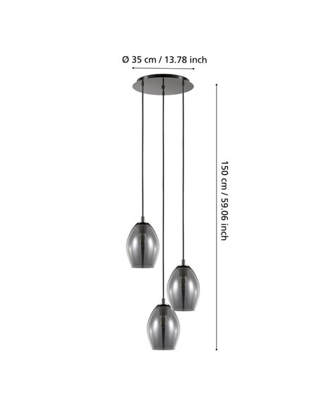 Lámpara colgante 3 luces ESTANYS, vidrio ahumado 3xE27 (no incl.), Ø45cm