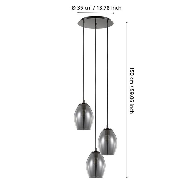 Luminária pendente ESTANYS 3 luzes, vidro fumê, 3xE27 (não incluída), Ø45cm