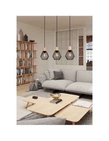 Lámpara colgante lineal PALMORLA 3 luces madera y negro, E27 (no incl.)