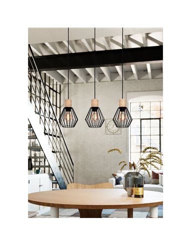 Lámpara colgante lineal PALMORLA 3 luces madera y negro, E27 (no incl.)