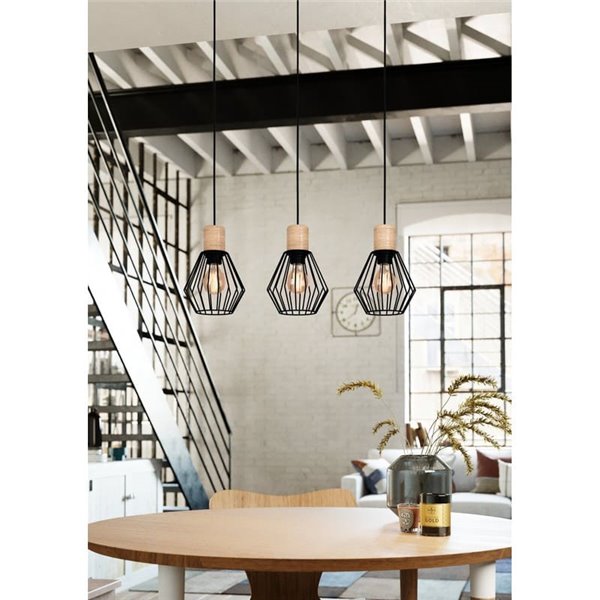 Suspension linéaire 3 lumières PALMORLA, bois et noir, E27 (non incl.)