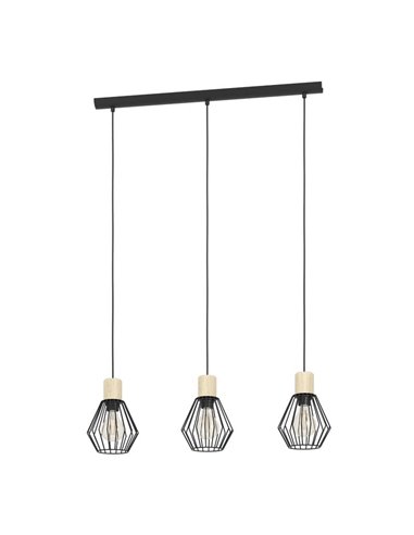 Lámpara colgante lineal PALMORLA 3 luces madera y negro, E27 (no incl.)