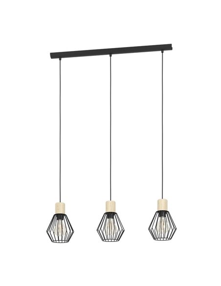 Lámpara colgante lineal PALMORLA 3 luces madera y negro, E27 (no incl.)