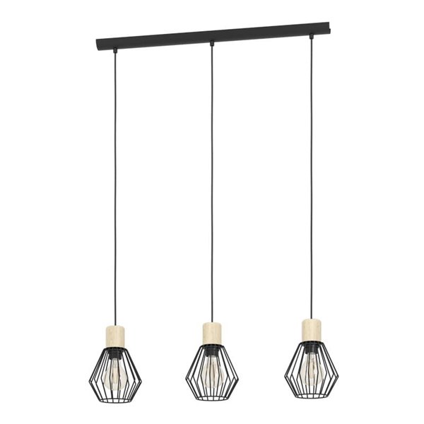 Lámpara colgante lineal PALMORLA 3 luces madera y negro, E27 (no incl.)