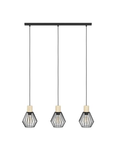 Lámpara colgante lineal PALMORLA 3 luces madera y negro, E27 (no incl.)