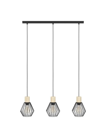 Lámpara colgante lineal PALMORLA 3 luces madera y negro, E27 (no incl.)