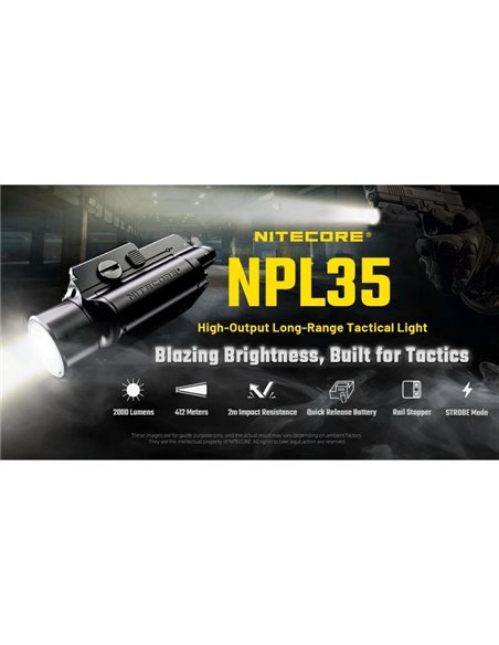 Linterna para arma NPL35 2000Lm, alcance 412 metros, Li-ion 1.900 mAh IPX6