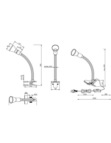 Lámpara de mesa FLEXO con pinza y articulable bombilla excl. 1x E14 max. 18W IP20 Negro