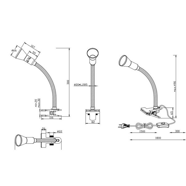 Lampe de table FLEXO avec pince et ampoule réglable, sans 1x E14, max. 18W, IP20, noire