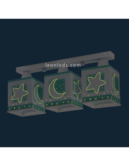 Candeeiro infantil verde e branco com 3 abajures quadrados Série Moon Light 63233H | Leon Iluminação LED