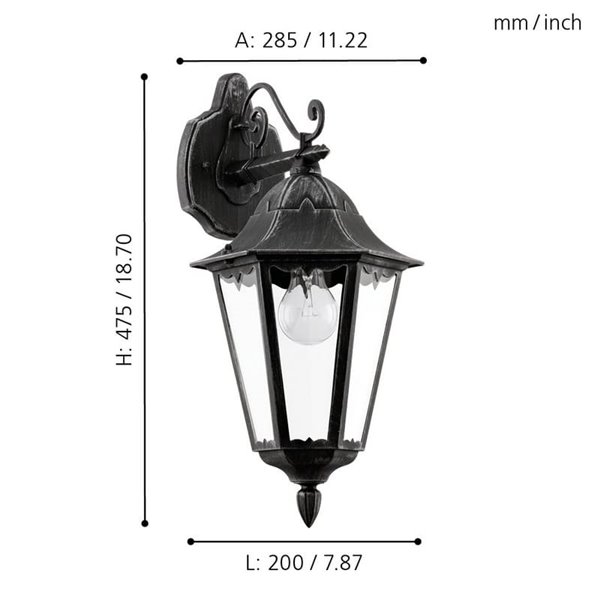 Aplique exterior farol vintage NAVEDO DOWN negro/plateado, E27 (no incl.) IP44
