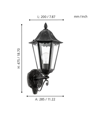 Aplique exterior farol vintage UP NAVEDO negro/plateado, E27 (no incl.) IP44