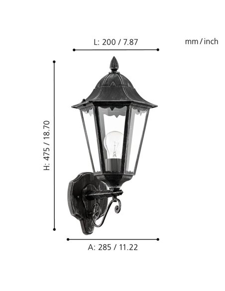 Luminária de parede externa vintage UP NAVEDO, preta/prateada, E27 (não incluída) IP44