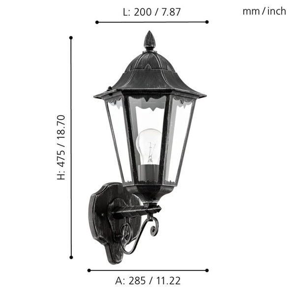 Aplique exterior farol vintage UP NAVEDO negro/plateado, E27 (no incl.) IP44