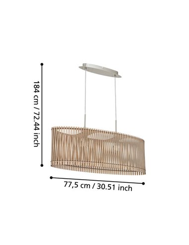 Lámpara de techo colgante ovalada madera con dosel metal SENDERO, 775x250mm, 2xE27 (no incl.)