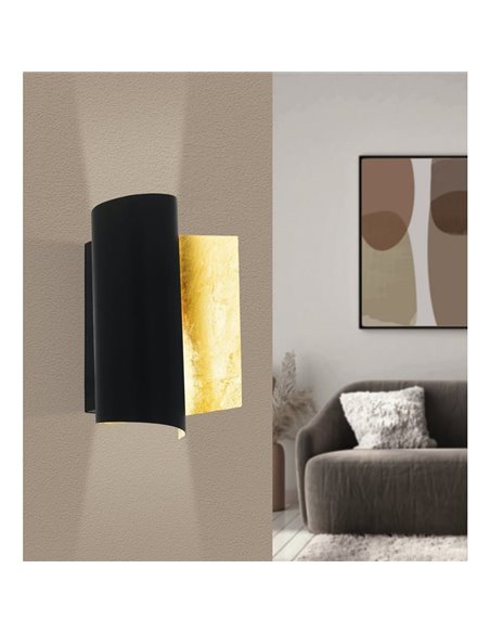 Aplique de pared de metal elegante FALICETTO, en negro e interior laminado oro E27 (no incl.), IP20