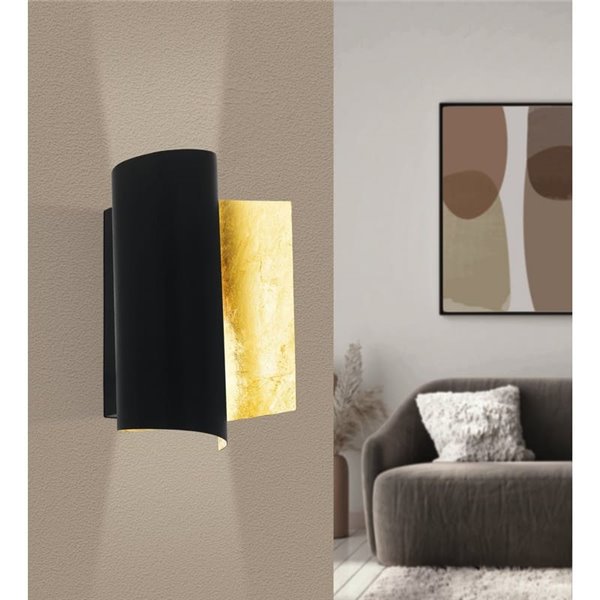 Aplique de pared de metal elegante FALICETTO, en negro e interior laminado oro E27 (no incl.), IP20