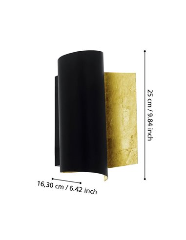 Aplique de pared de metal elegante FALICETTO, en negro e interior laminado oro E27 (no incl.), IP20