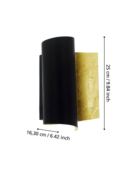 Aplique de pared de metal elegante FALICETTO, en negro e interior laminado oro E27 (no incl.), IP20