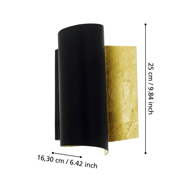 Aplique de pared de metal elegante FALICETTO, en negro e interior laminado oro E27 (no incl.), IP20