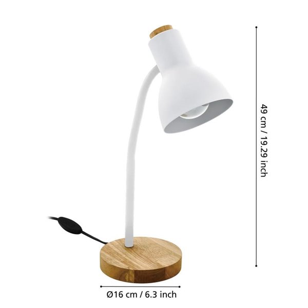 Lámpara de mesa tipo flexo estilo nórdico VERADAL, blanco con base en madera, E27 (no incl.)