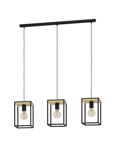 Luminária pendente LIBERTAD com 3 molduras cúbicas pretas e de madeira, 3xE27 (não incl.)