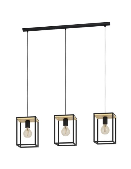 Lámpara colgante con 3 marcos cúbicos negro y madera LIBERTAD, 3xE27 (no incl.)