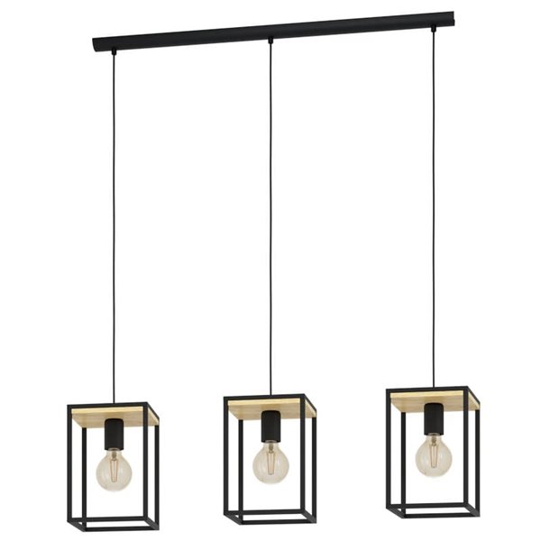 Lámpara colgante con 3 marcos cúbicos negro y madera LIBERTAD, 3xE27 (no incl.)