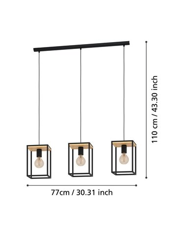Suspension LIBERTAD avec 3 cadres cubiques noirs et bois, 3xE27 (non incl.)
