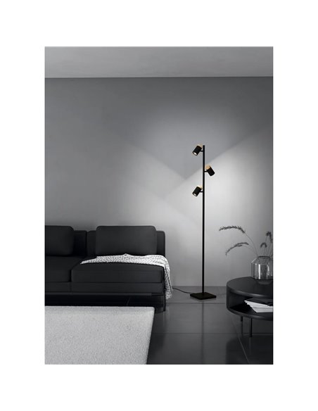 Lámpara de pie LED con 3 focos orientables CARTAGENA, negro con detalles madera, 3xGU10 4,5W, 3000K