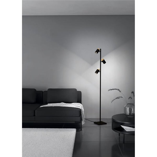 Lámpara de pie LED con 3 focos orientables CARTAGENA, negro con detalles madera, 3xGU10 4,5W, 3000K
