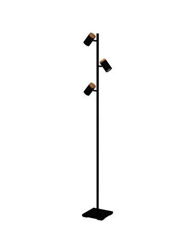 Lámpara de pie LED con 3 focos orientables CARTAGENA, negro con detalles madera, 3xGU10 4,5W, 3000K