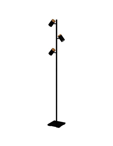 Lámpara de pie LED con 3 focos orientables CARTAGENA, negro con detalles madera, 3xGU10 4,5W, 3000K